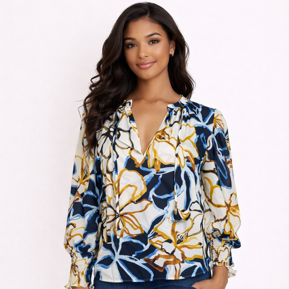 MISA Los Angeles Women Blouse Bold Blooms Crepe Top Large Siena Top